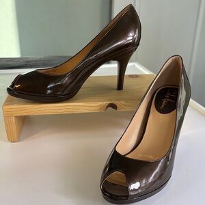 Cole Haan Nike Air Patent Chocolate Bronze Peep Toe Heels 10.5